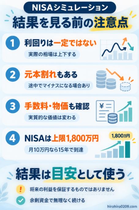 NISAシミュレーションの注意点として、利回りの変動、元本割れ、手数料と物価、新NISAの1,800万円上限をまとめた図解