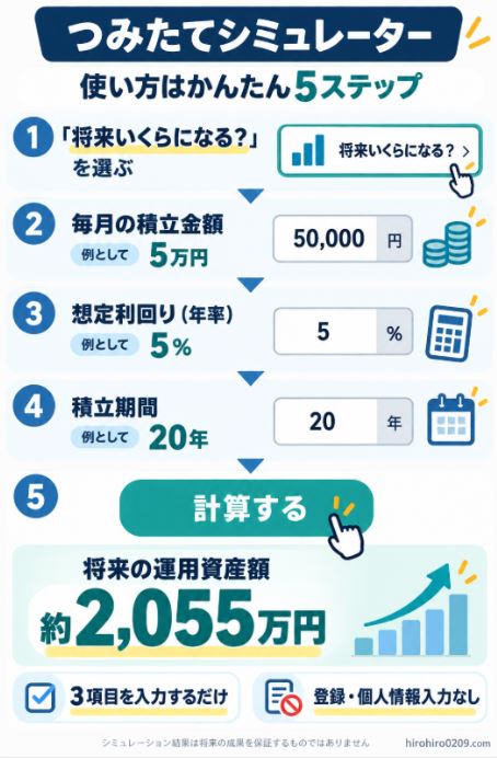 金融庁のつみたてシミュレーターで積立金額、想定利回り、積立期間を入力し、将来の運用資産額を計算する5つの手順を示した図解