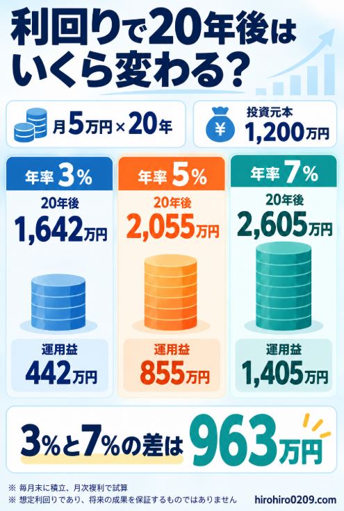 新NISAで月5万円を20年間積み立てた場合の評価額を年率3％・5％・7％で比較し、利回りによる資産額の差を示した図解