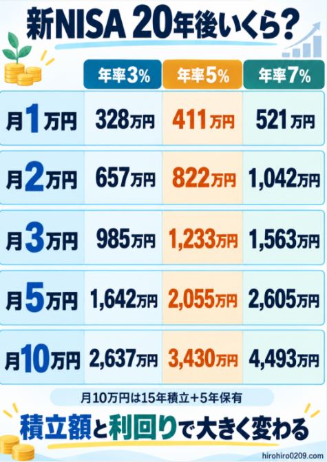 新NISAで月1万円・2万円・3万円・5万円・10万円を20年間運用した場合の評価額を年率3％・5％・7％で比較した図解