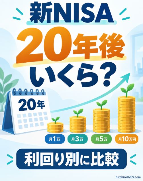 新NISAで毎月1万円・3万円・5万円・10万円を積み立てた20年後の資産額を利回り別に比較するアイキャッチ画像