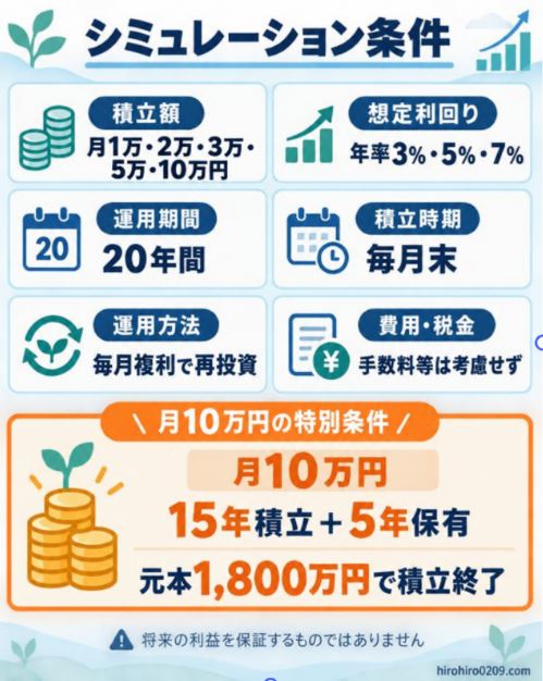 新NISAで月1万円・2万円・3万円・5万円・10万円を年率3％・5％・7％で20年間運用するシミュレーション条件の図解
