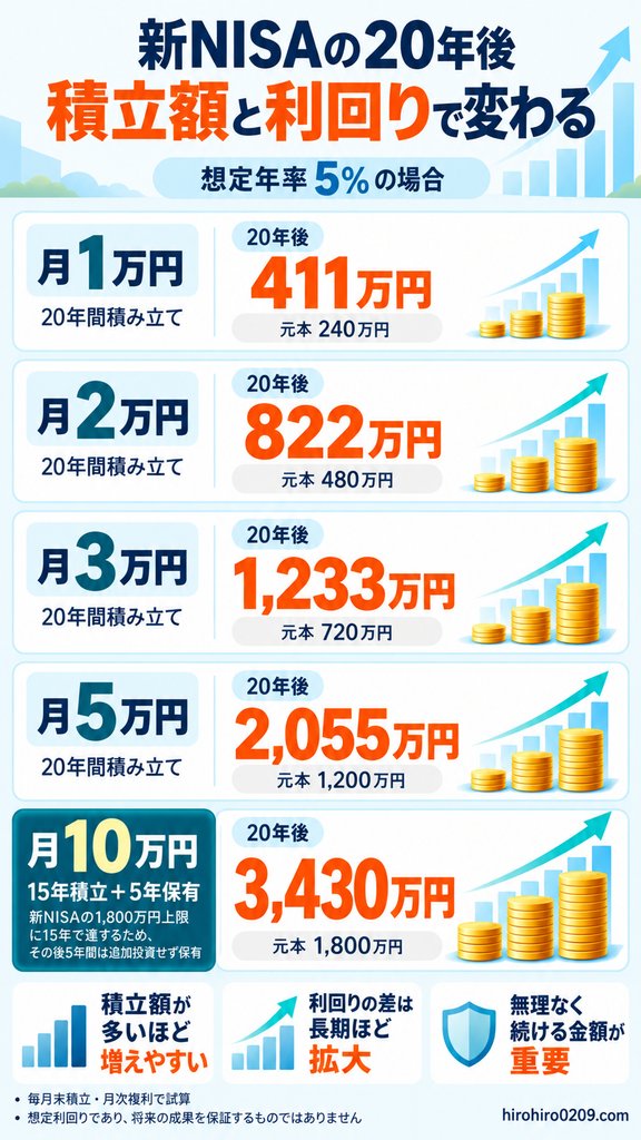 新NISAで月1万円・2万円・3万円・5万円・10万円を想定年率5％で運用した場合の20年後の評価額を比較した図解