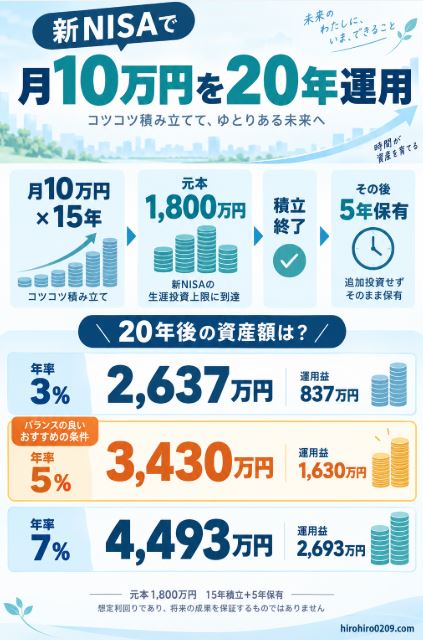新NISAで月10万円を15年間積み立てて元本1,800万円に達した後、5年間保有した場合の20年後の資産額を年率3％・5％・7％で比較した図解