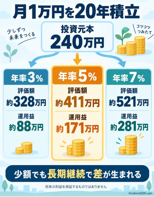 新NISAで月1万円を20年間積み立てた場合の元本240万円と年率3％・5％・7％の評価額と運用益を比較した図解