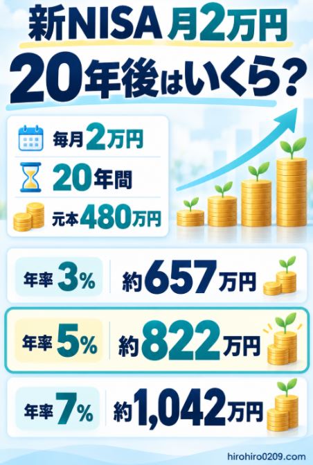 新NISAで月2万円を20年間積み立てた場合、元本480万円が年率3％で約657万円、5％で約822万円、7％で約1,042万円になるシミュレーション結果