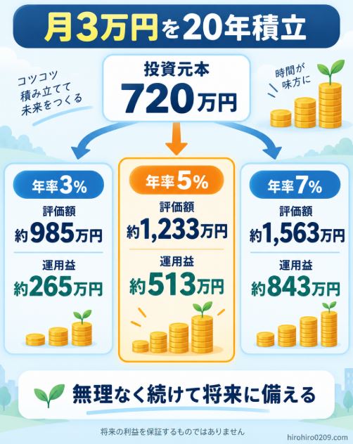 作成しました。


新NISAで月3万円を20年間積み立てた場合の元本720万円と年率3％・5％・7％の評価額と運用益を比較した図解