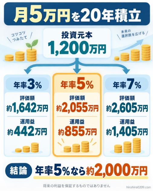新NISAで月5万円を20年間積み立てた場合の元本1,200万円と年率3％・5％・7％の評価額と運用益を比較した図解