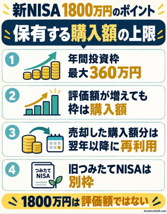 新NISAの1800万円は保有する商品の購入額の上限であり、年間投資枠は最大360万円、売却した購入額分は翌年以降に再利用でき、旧つみたてNISAは別枠であることをまとめた図解