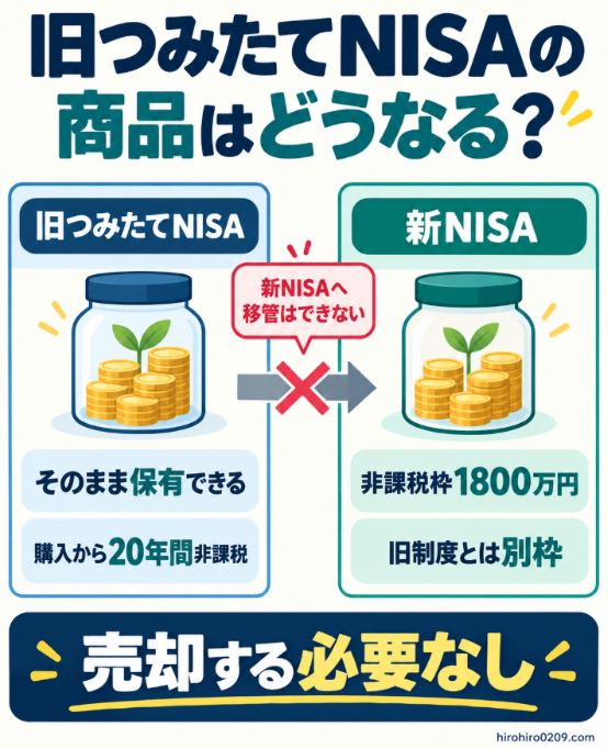旧つみたてNISAの商品は購入から20年間非課税で保有でき、新NISAへの移管はできないものの、1800万円の非課税枠とは別枠で管理されることを示す図解