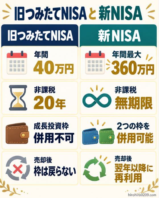 旧つみたてNISAと新NISAの年間投資枠、非課税期間、成長投資枠との併用、売却後の非課税枠の再利用を比較した図解