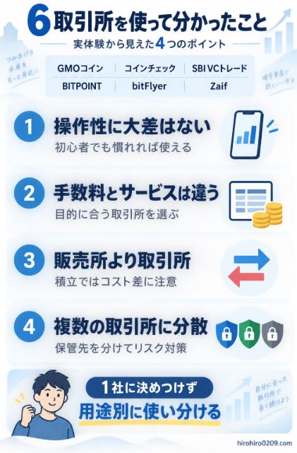 仮想通貨取引所6社を利用して分かった操作性、手数料、購入方法、分散保有のポイントをまとめた図解