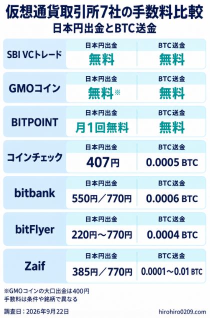 仮想通貨取引所7社の日本円出金手数料とビットコイン送金手数料を比較した図解