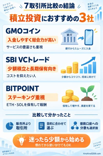 仮想通貨取引所7社の比較から積立投資におすすめのGMOコイン、SBI VCトレード、BITPOINTの特徴と選び方をまとめた図解