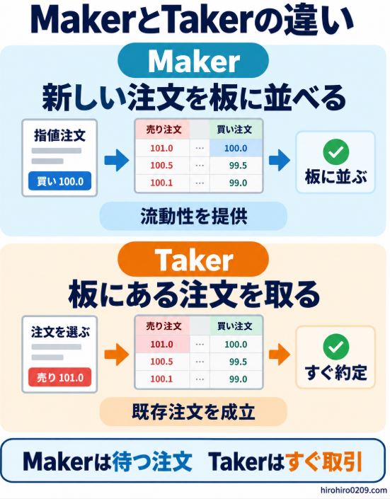 Makerは新しい指値注文を板に並べ、Takerは板にある注文を取ってすぐ約定させる違いを示した図解