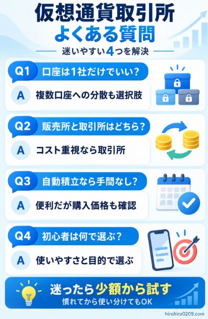 仮想通貨取引所の口座分散、購入方法、自動積立、初心者の選び方に関するよくある質問をまとめた図解