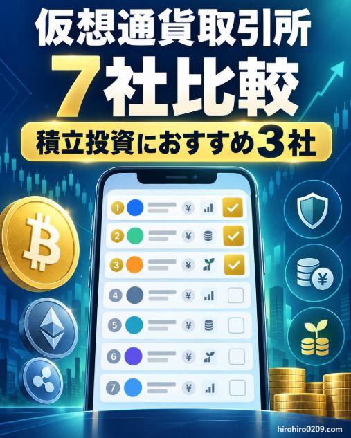 仮想通貨取引所7社を比較し、積立投資におすすめの3社を示した図解イラスト