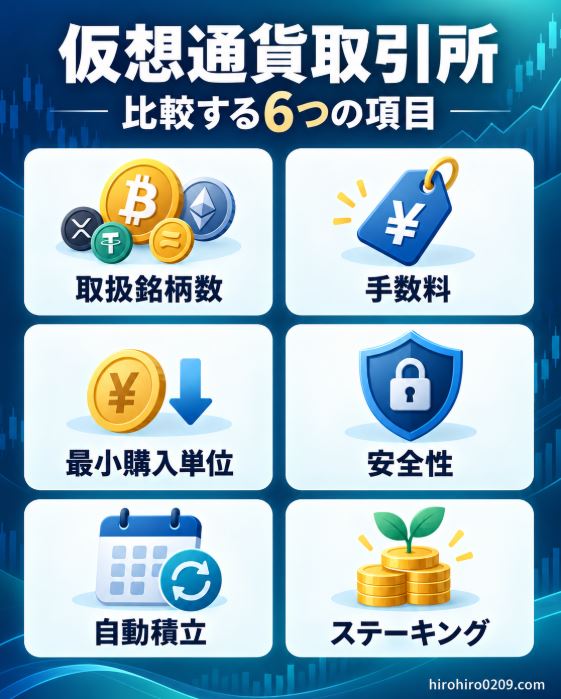 仮想通貨取引所7社を取扱銘柄数、手数料、最小購入単位、安全性、自動積立、ステーキングの6項目で比較する図解