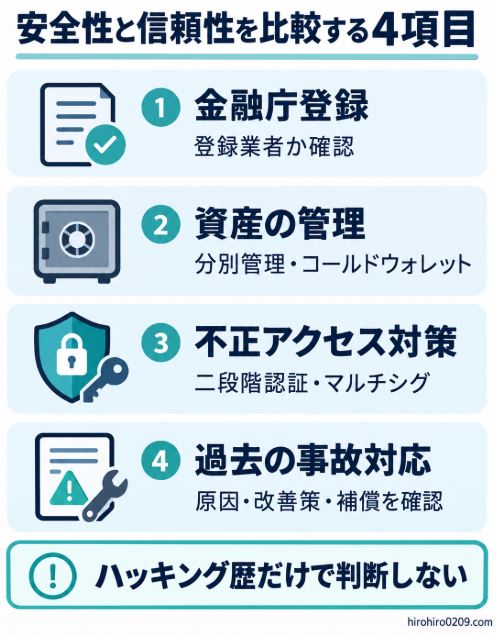 仮想通貨取引所の安全性と信頼性を金融庁登録、資産管理、不正アクセス対策、過去の事故対応で比較するポイントを示した図解