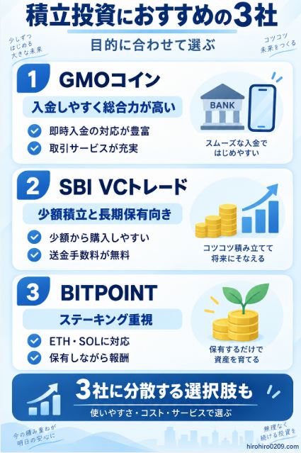 積立投資におすすめのGMOコイン、SBI VCトレード、BITPOINTの特徴を比較した図解