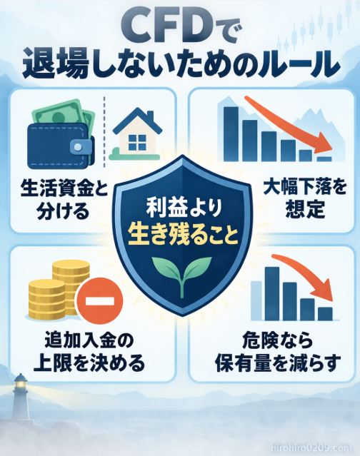 CFDで退場しないために、生活資金を分け、大幅下落を想定し、追加入金の上限を決め、危険な場合は保有量を減らすルールを示した図解