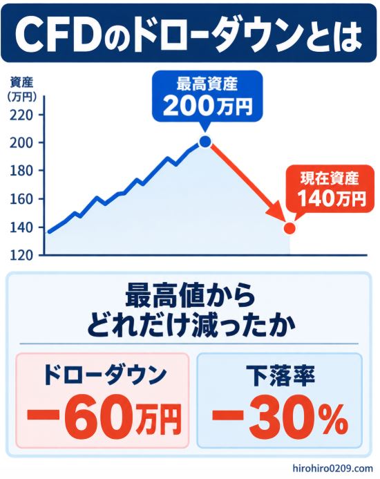 最高資産200万円から現在資産140万円へ下落し、ドローダウン60万円、下落率30％となる仕組みを縦長で図解しています