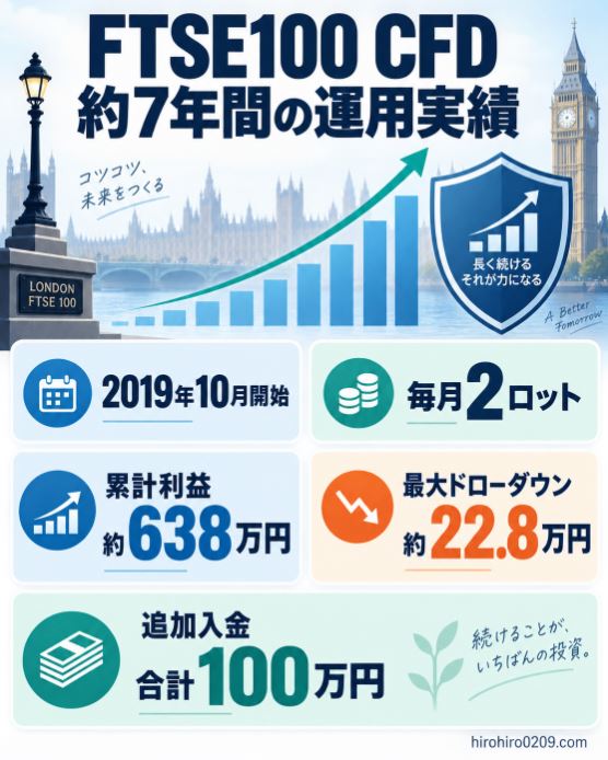 FTSE100 CFDを2019年10月から約7年間、毎月2ロット購入し、累計利益約638万円、最大ドローダウン約22万8,000円、追加入金合計100万円となった運用実績