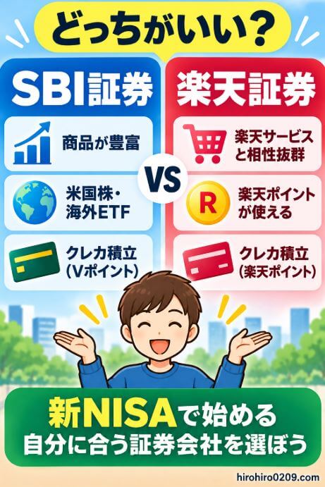 SBI証券と楽天証券を比較し、商品ラインナップ、米国株・海外ETF、クレカ積立、Vポイント、楽天ポイントなどの違いから、新NISAで自分に合う証券会社を選ぶポイントをまとめたアイキャッチ画像