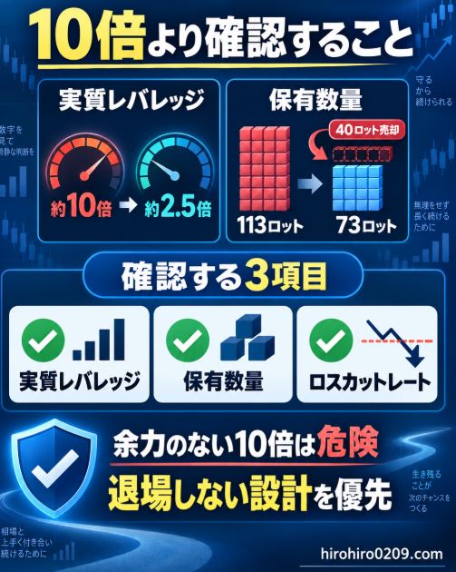FTSE100 CFDでは実質レバレッジを約10倍から約2.5倍へ下げ、40ロットを売却して113ロットから73ロットへ減らし、実質レバレッジ、保有数量、ロスカットレートを確認する重要性を示すまとめ図解