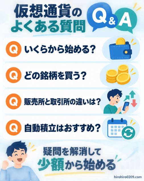 仮想通貨を始める金額、銘柄選び、販売所と取引所の違い、自動積立に関する質問をまとめた図解
