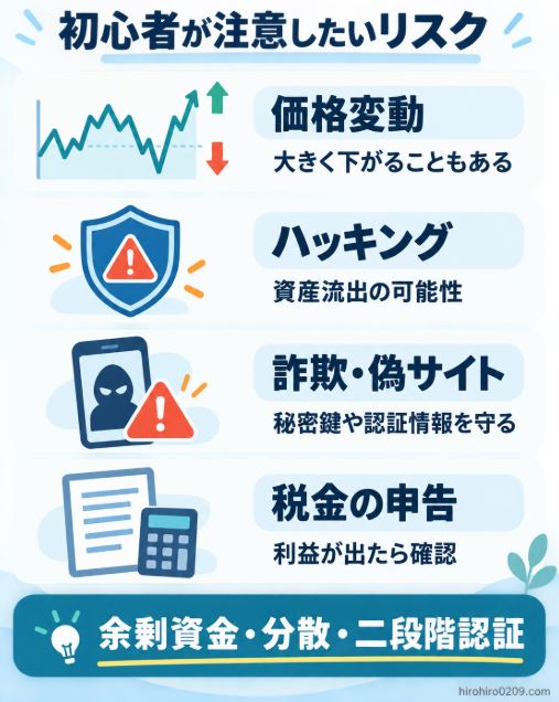 仮想通貨投資の価格変動、ハッキング、詐欺・偽サイト、税金申告のリスクと主な対策をまとめた図解