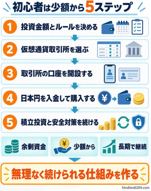 投資金額とルール決めから、取引所選び、口座開設、入金と購入、積立投資と安全対策までの5ステップをまとめた図解
