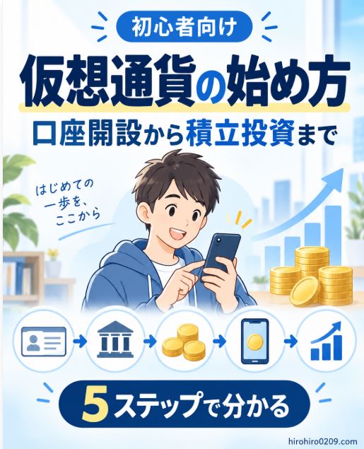 仮想通貨の始め方を初心者向けに口座開設から積立投資まで5ステップで解説する記事のアイキャッチ画像