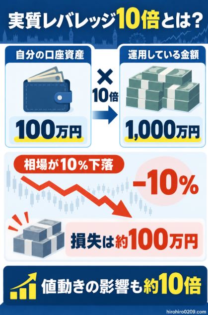 口座資産100万円で1,000万円分を運用する実質レバレッジ10倍では、相場が10％下落すると単純計算で約100万円の損失になることを示す図解