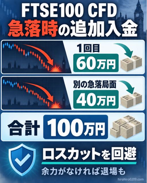 FTSE100 CFDの急落時に1回目は60万円、別の急落局面では40万円、合計100万円を追加入金してロスカットを回避した実体験を示した図解