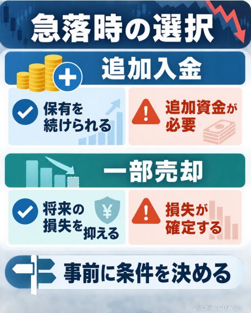 CFDの急落時に、保有を続けられる一方で追加資金が必要な追加入金と、将来の損失を抑えられる一方で損失が確定する一部売却を比較した図解