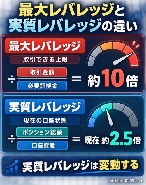 最大レバレッジは取引金額を必要証拠金で割った取引上限、実質レバレッジはポジション総額を口座資産で割った現在の倍率であり、約2.5倍まで変動した違いを示す図解