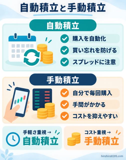 自動積立は購入を自動化でき、手動積立は手間がかかる一方でコストを抑えやすい違いを示した図解