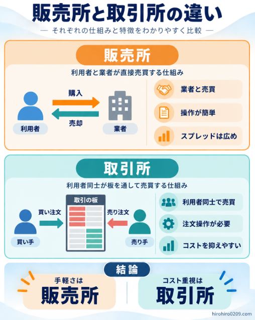 販売所は業者と売買して操作が簡単、取引所は利用者同士で売買してコストを抑えやすい違いを示した図解