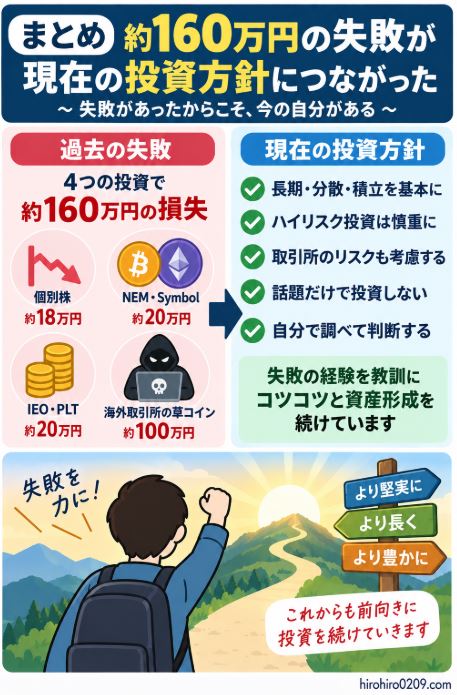 約160万円の投資損失の内訳と、その失敗から長期・分散・積立やリスク管理を重視する現在の投資方針へ変わったことをまとめた図解