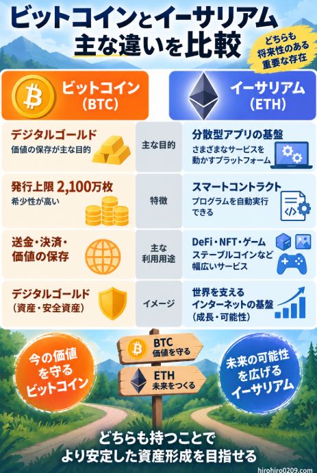 ビットコインとイーサリアムの違いについて、BTCは価値保存や送金、ETHはスマートコントラクトやDeFi・NFTなどのアプリ基盤という特徴を比較した図解