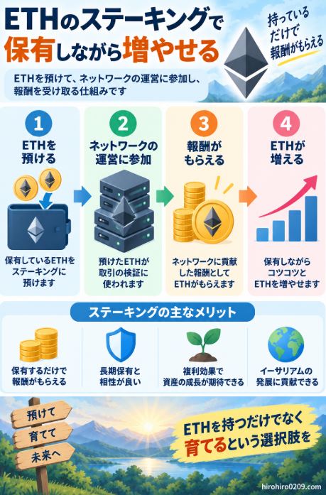 ETHステーキングについて、ETHを預けてネットワーク運営に参加し、その報酬としてETHを受け取って保有数量を増やす仕組みを示した図解