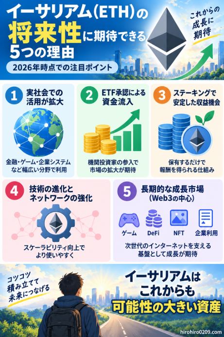 2026年時点のイーサリアムの将来性について、実社会での活用、ETF、ステーキング、技術進化、DeFiやNFTなどのエコシステムを示した図解