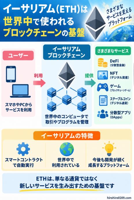 イーサリアムはスマートコントラクトを実行でき、DeFiやNFT、ゲーム、ステーブルコイン、分散型アプリなどを支えるブロックチェーン基盤であることを示した図解