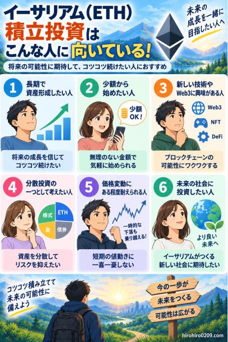 イーサリアム積立投資に向いている人として、長期投資、少額投資、Web3への関心、分散投資、価格変動への許容、Ethereumの将来性に期待する人の特徴を示した図解