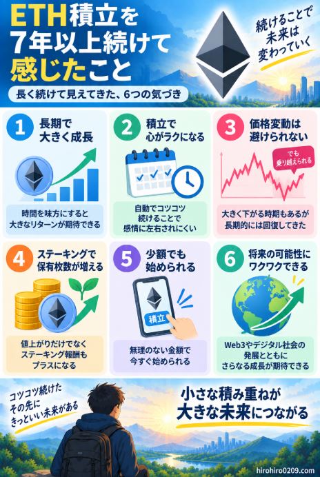 ETH積立を7年以上続けた経験から、長期積立、価格変動、ステーキング、少額投資、イーサリアムの将来性について感じたポイントをまとめた図解