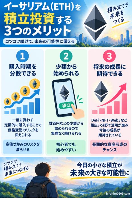 イーサリアム積立投資のメリットとして、購入時期を分散できる、少額から始められる、Ethereumの将来の成長に期待できるという3つの特徴を示した図解
