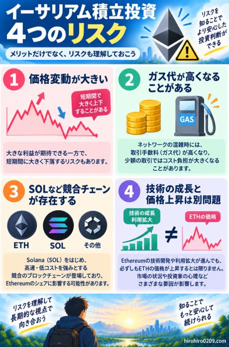 イーサリアム積立投資のリスクとして、価格変動、ガス代、SOLなどの競合チェーン、技術の成長とETH価格上昇は別問題という4つの注意点を示した図解