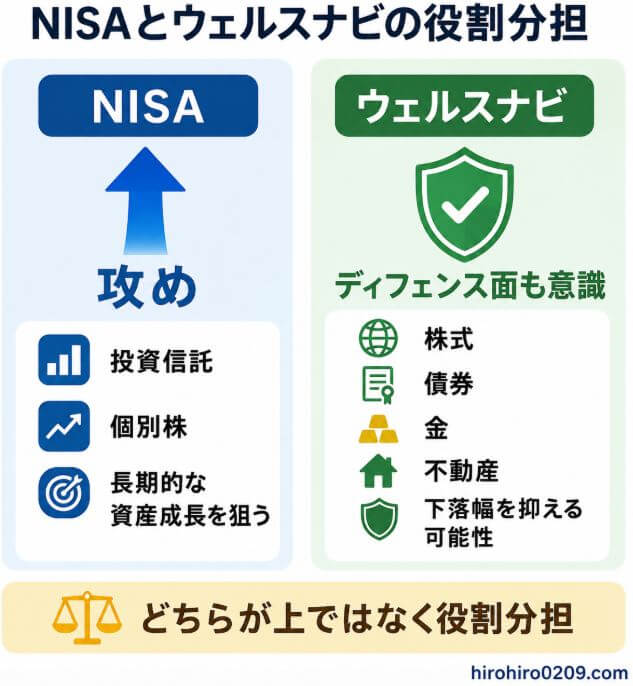 NISAとウェルスナビの役割分担を比較した図解。NISAは投資信託や個別株で長期的な資産成長を狙う「攻め」、ウェルスナビは株式・債券・金・不動産に分散し、下落幅を抑える可能性がある「ディフェンス面も意識した運用」として紹介。どちらが上ではなく、それぞれ役割を分けて活用する考え方を示した図解