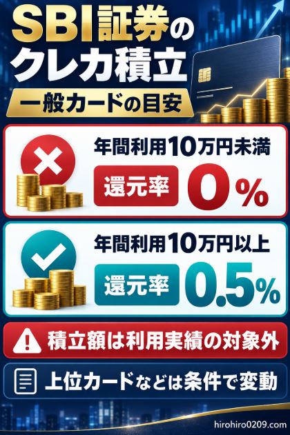 SBI証券の一般カードによるクレカ積立は、年間カード利用額10万円未満で還元率0％、10万円以上で0.5％となる条件を示した図解